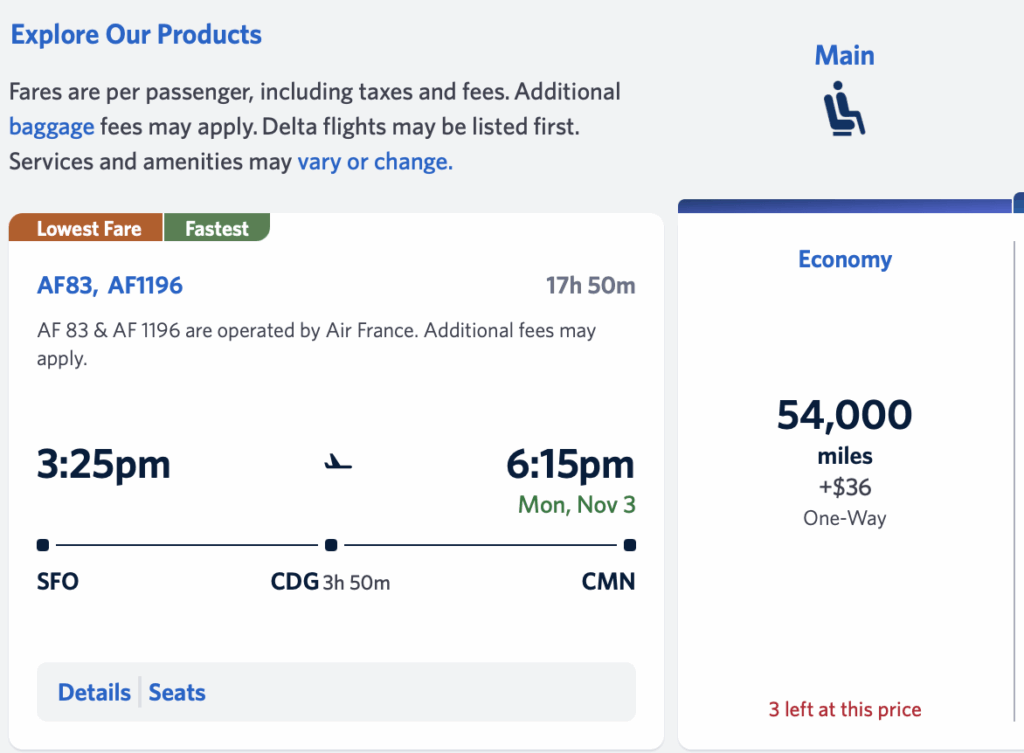 Screenshot showing a Delta SkyMiles award for 54,000 miles from SFO to CMN 